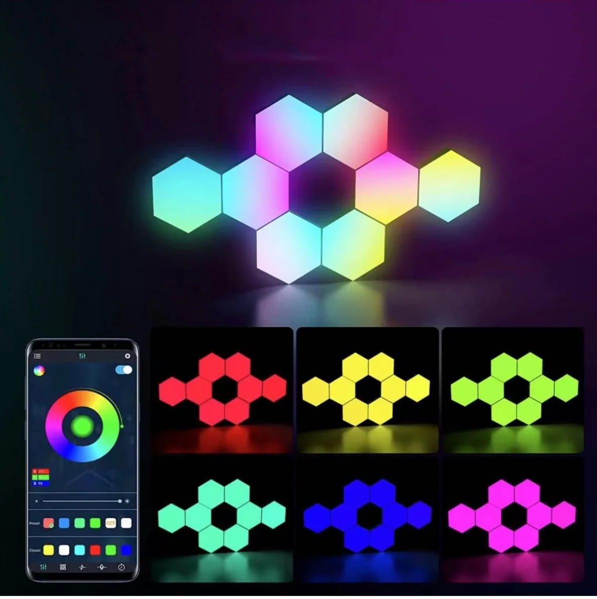 8pcs RGB Blue tooth Wifi LED Hexagon Light DIY Indoor Wall Light APP Remote Control Computer Game Room Bedroom Decoration