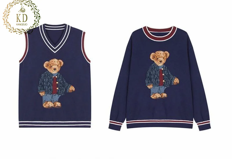 KD New Fashion Custom core yarn basic Fitted women Knitted Wool Bear college Vest  Design Sweater romper