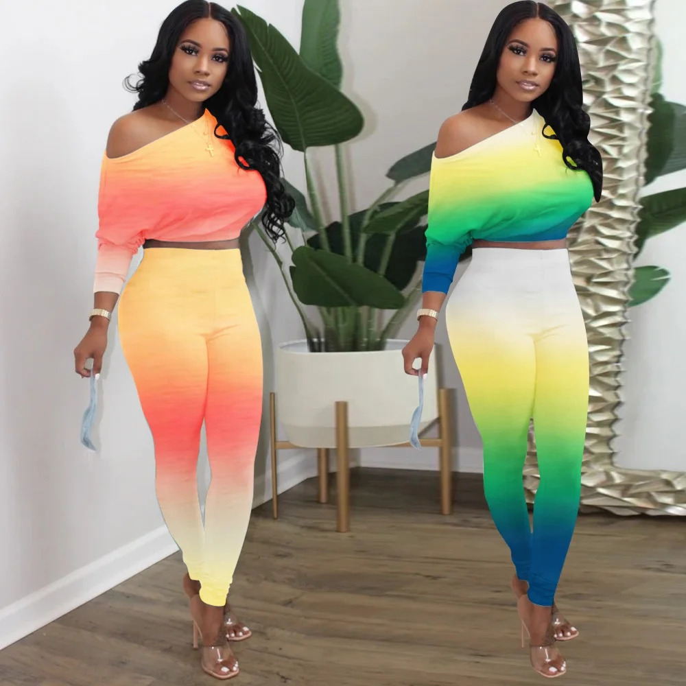 
New Fashion ladies fall off shoulder High Waist cute outfits for women Gradient Color women two piece set 