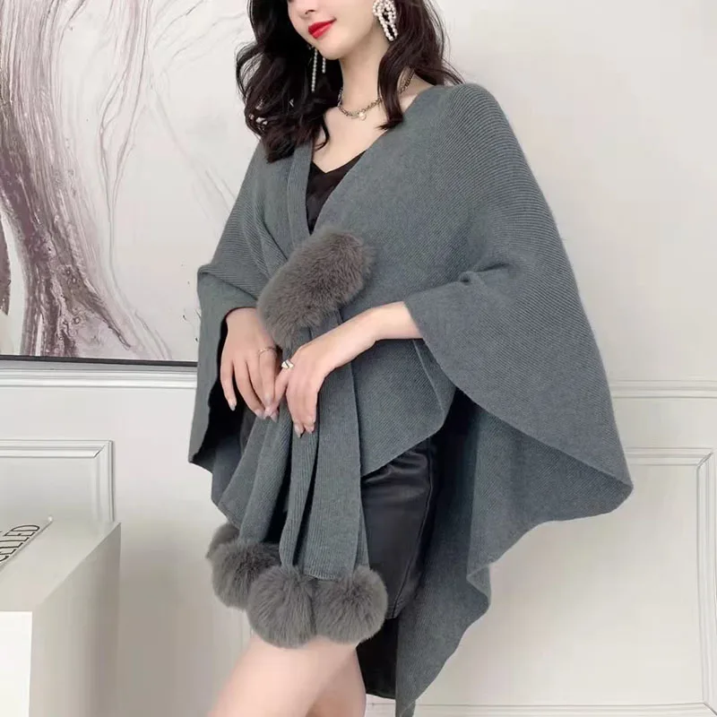 ZDFURS*New Women irregular Knitted Sweater Shawl With Faux Fur Pom pom Cashmere Sweater Cape Female Winter Pashmina Wraps