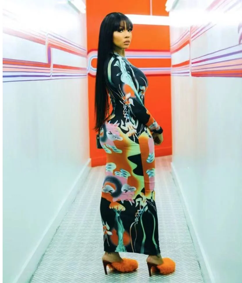 new fall high quality graceful women printed dress graphic bodycon long sleeve O-neck maxi dress women lady elegant clothes