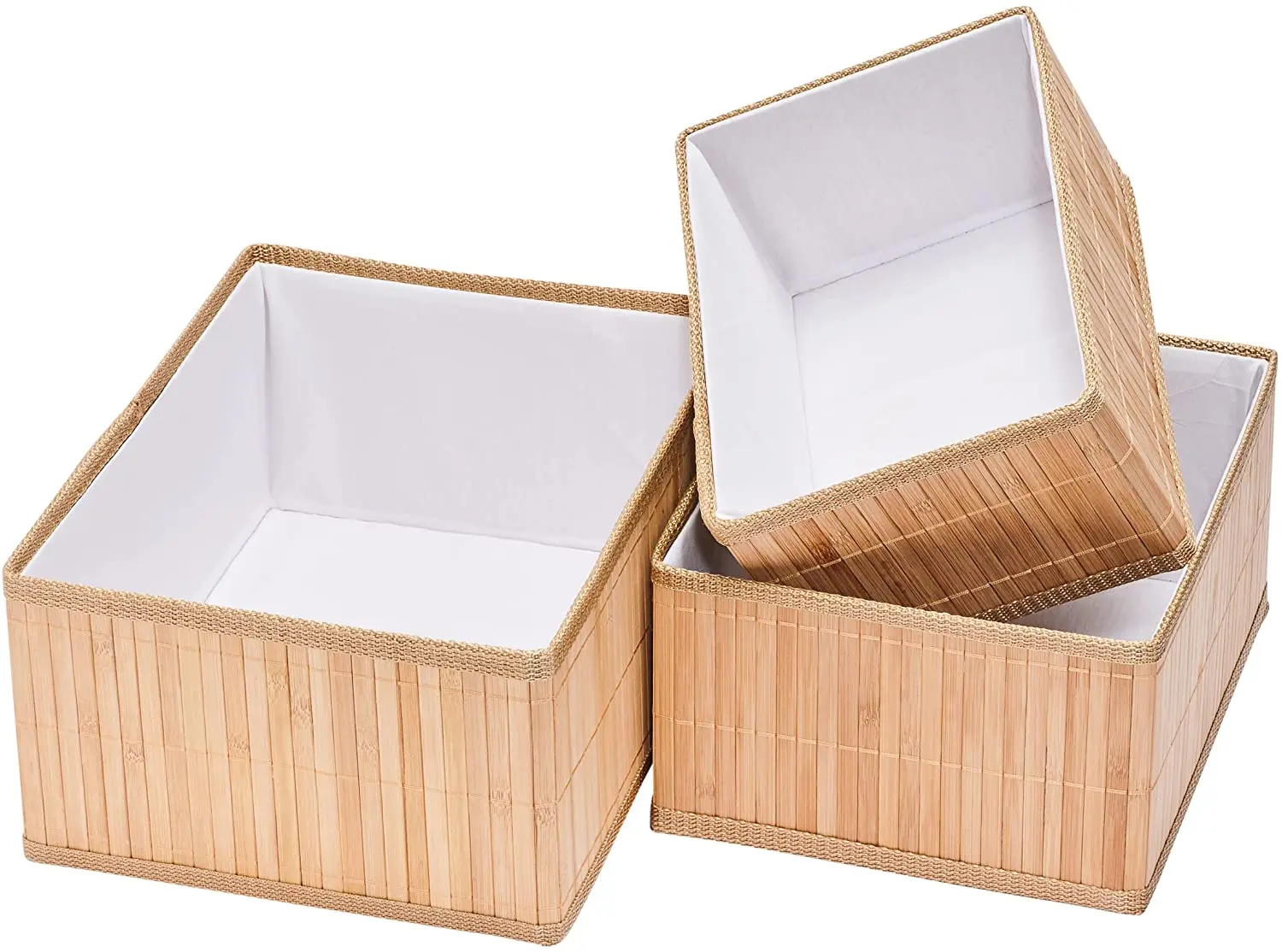 Bamboo Storage Baskets; All-Natural Organizer Bins with Fabric Liner on Inside; Boxes Great for Kitchen/living room
