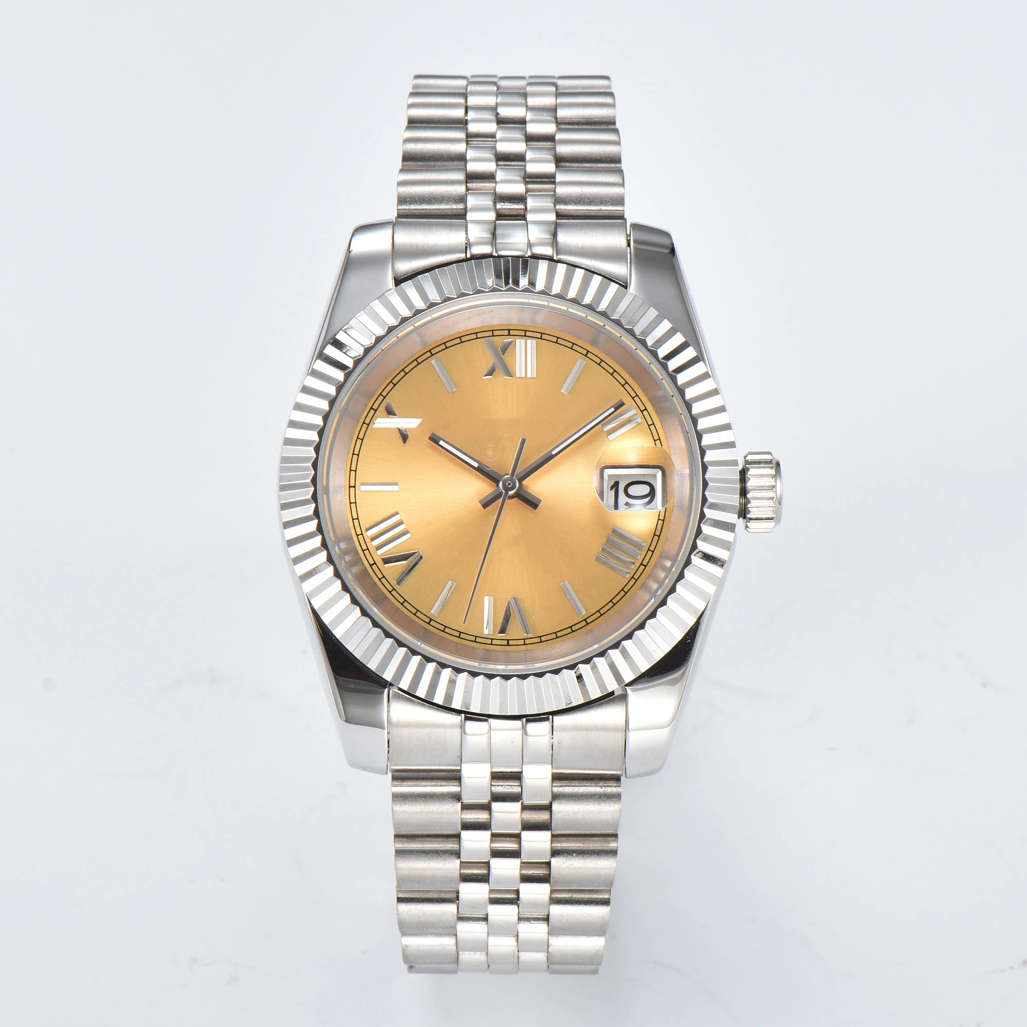 NH35 Watch Luxury Blank Roman Numerals Dial Automatic Movement Magnifier Waterproof Wristwatch Full Gold Custom Logo