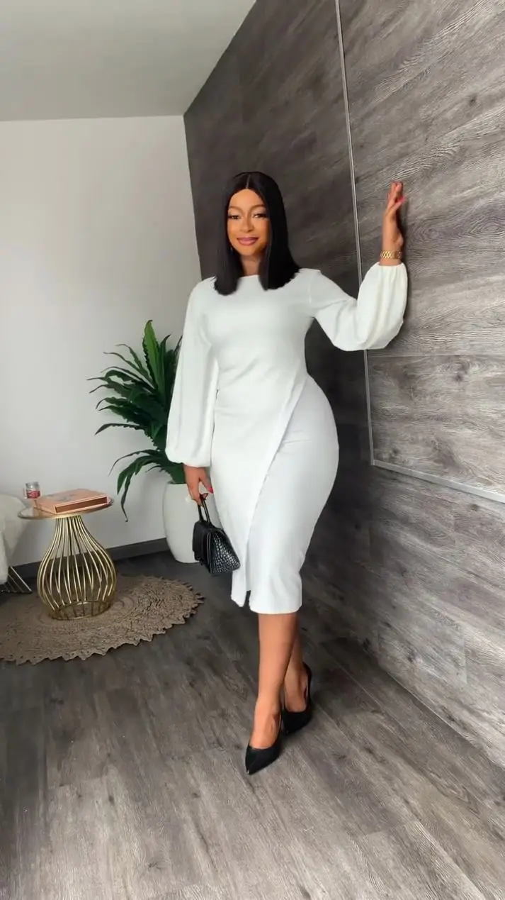 BNS 2023 New Arrival Women Modest Work Career Dresses Round Neck Puff Sleeve Slim Midi Dress Elegant Dress Ladies Office Wear