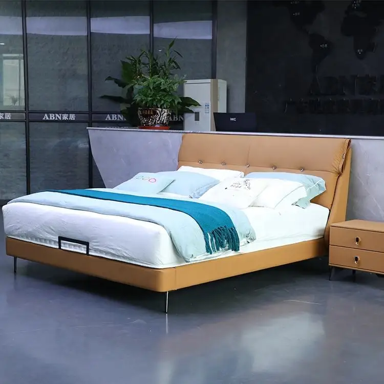 Дизайнерская итальянская роскошная кожаная кровать из цельного дерева с подсветкой, современная кровать размера «King-Size» в скандинавском стиле