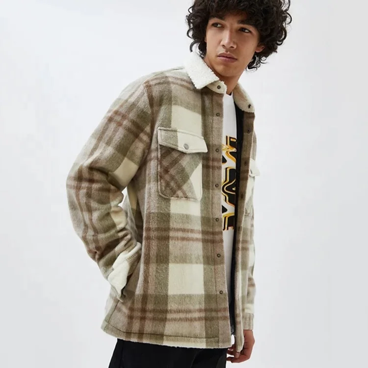 Mens custom borg collar press-stud placket plaid overshirt flannel jacket
