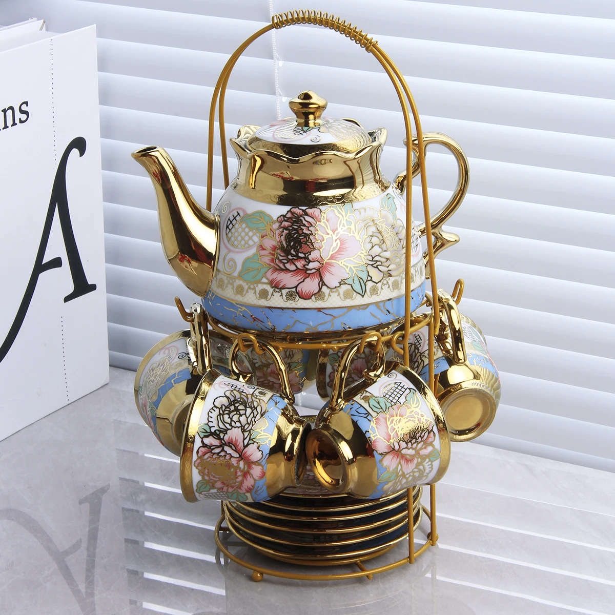 Vintage Ceramic Afternoon Tea Teapot Set French Vintage Flower Gold Ring English Teapot Coffee Cup Saucer Set