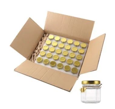 Different sizes food grade mini jam glass cheap 45ml honey glass jars with golden lid, wood muddler, card