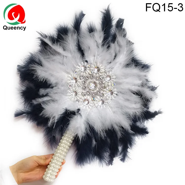 Queency African beautiful cheap ostrich feathers make in China hand fan  African feather fans with beaded