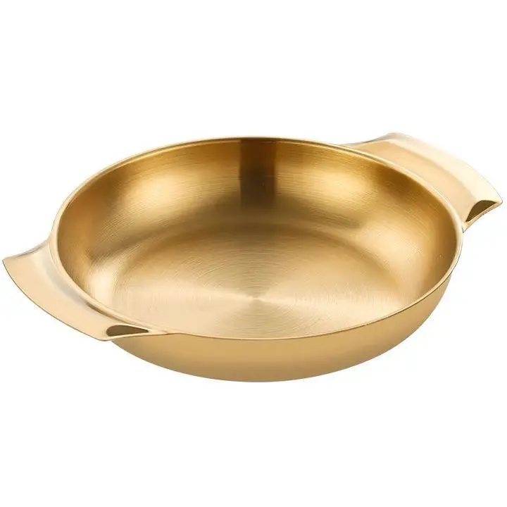 Hot Selling Stainless Steel Plate Seafood Metal Serving Tray Golden Round With Double Ear