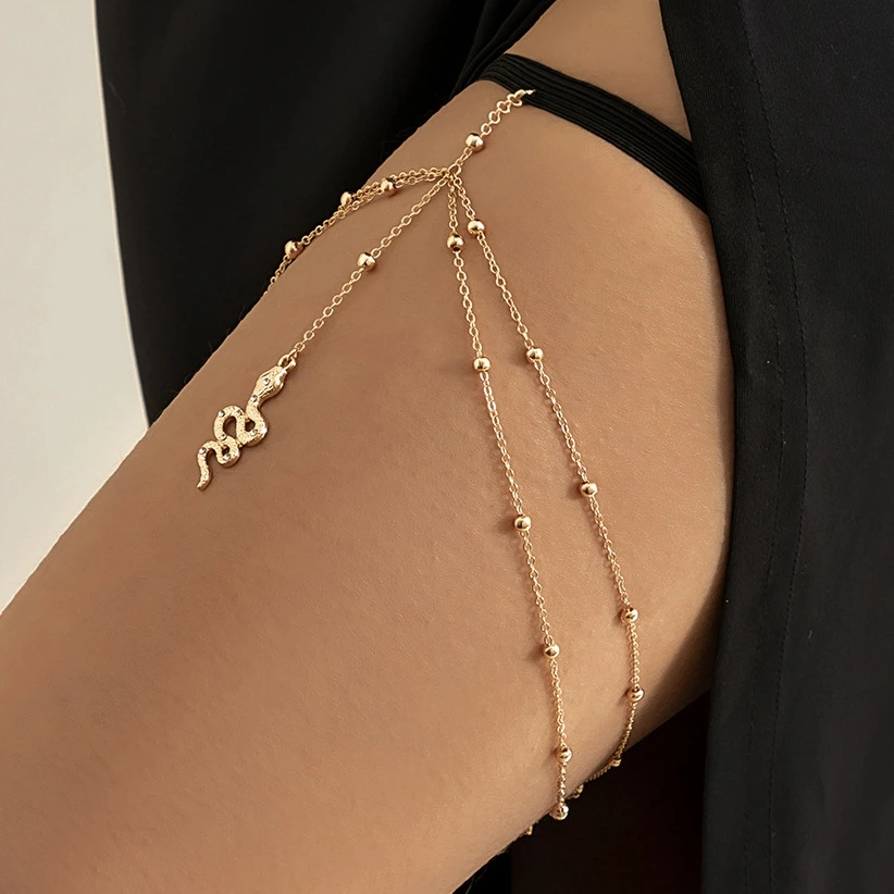 Fashion Sexy Double Layer  Bead Chain Elastic Rhinestone Snake Pendant Thigh Leg Chain for Women