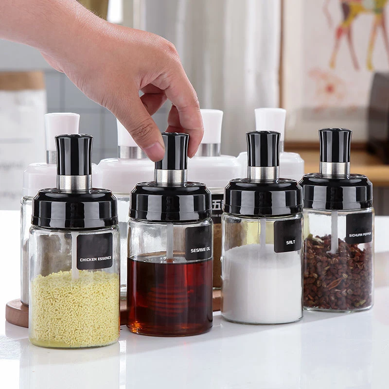 Glass Spice Jars with Spice Labels Chalk Marker and Funnel Complete Set Glass Jars Airtight Cap Pour sift Shaker Lid