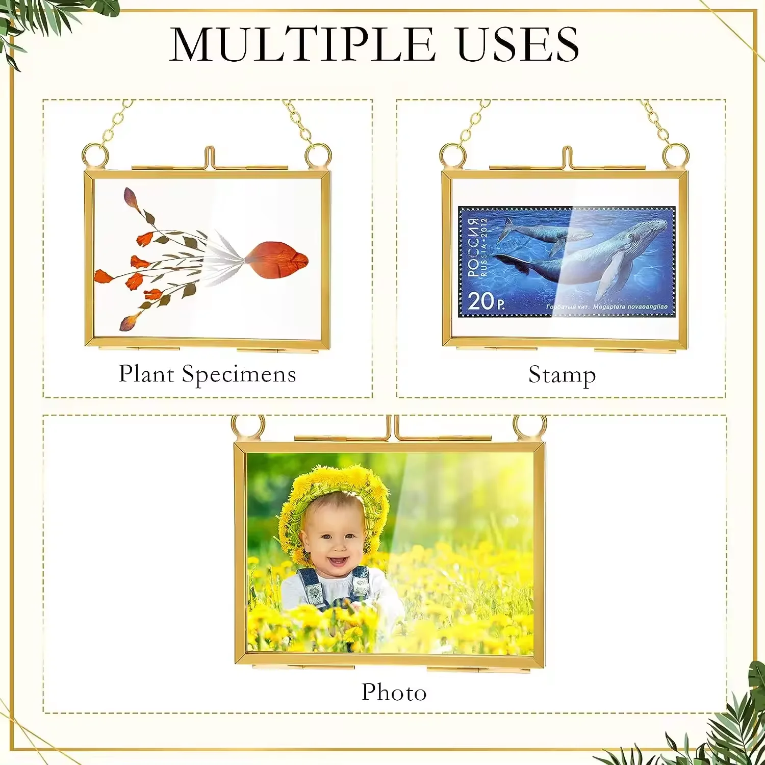Glass crafts Pressed Flowers 3.5 x 2.5 Inch, Double Floating Picture Frames Brass Hanging Photo Frame with Chain Wall Decor