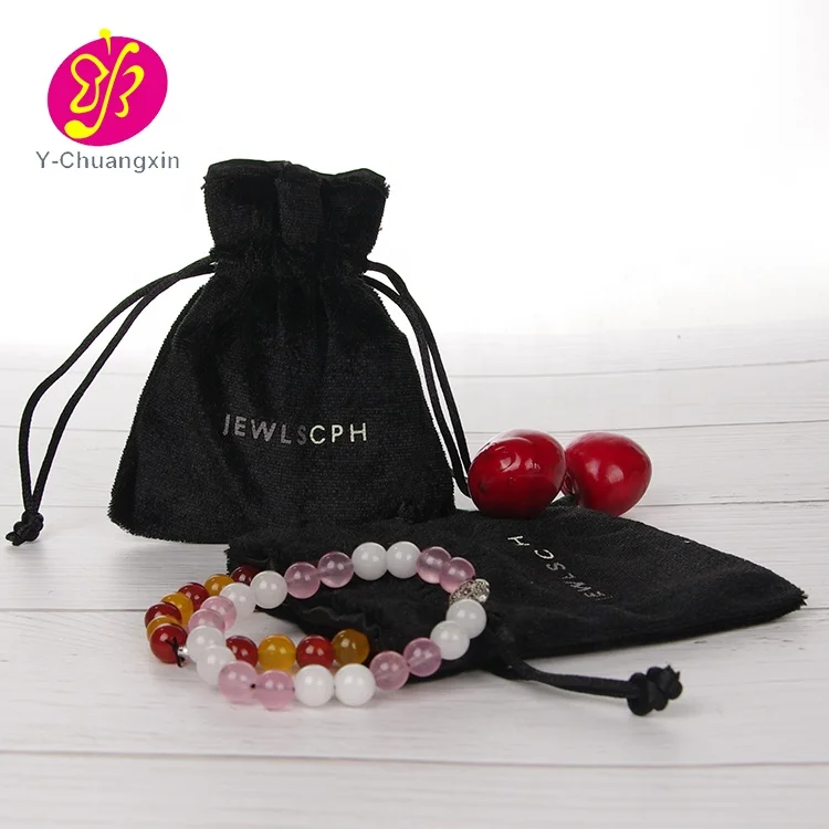 Small Black Suede Velvet Jewelry Bag With Silver Logo Pouch Velvet