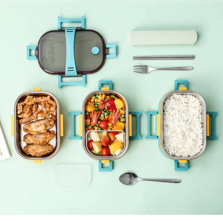 Double Layer Stainless Steel Bento Lunch Box for Kids Eco Friendly Portion Snack Food Containers With Handle
