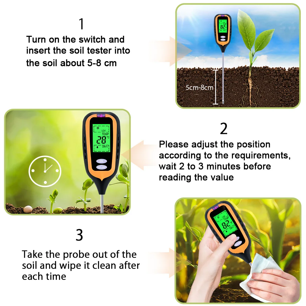 New 4 IN 1 Digital Soil Moisture Meter PH Meter Temperature Sunlight Tester for Garden Farm Lawn Plant with LCD Displayer