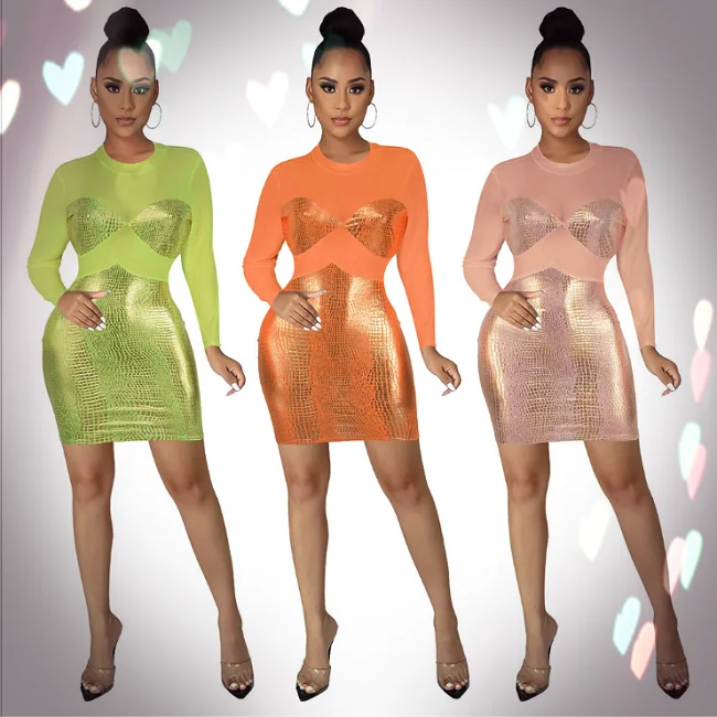 2021 New arrivals mesh gilding splicing shiny sexy perspective slim nightclub dress casual women dresses