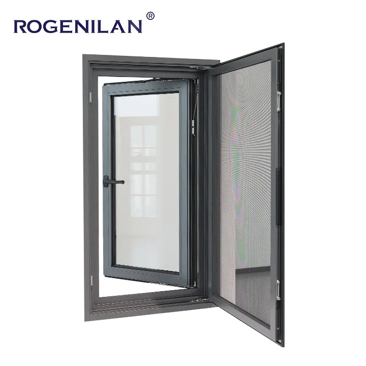 ROGENILAN Sound Thermal Insulation Casement Window With Flyscreen Automotive Grade Tempered Glass Tilt And Turn Windows