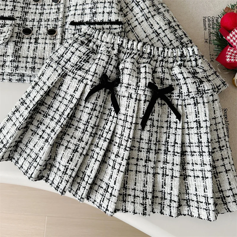 Ms-271 2025 Boutique Fall Baby Girl Winter Clothes Set 2-3 Years Plaid Jackets+Skirts 2 Pcs Set Korean Dress for Girls Kids