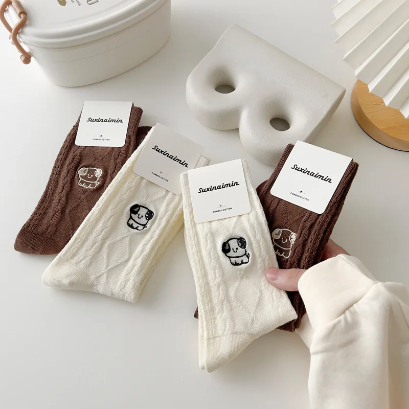 Winter Warm Hot Sale Thermal Cute Happy Women Lovely Crew Solid Color Cute Embroidery Dog Wool Socks