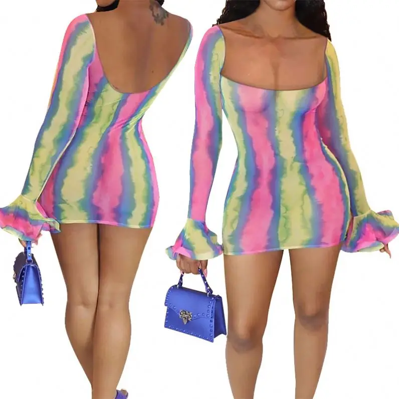 S04192 New arrival 2020 Sexy women sexy mesh sheer transparent print mini dress Women clothing Night Club Dress Two Piece Skirt