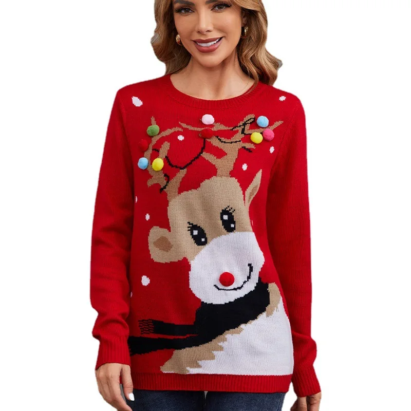 Factory Wholesale Xmas Long Sleeve Loose Sweaters Cartoon Pullover Top Casual Knitted Antler Elk Christmas Jacquard Sweater