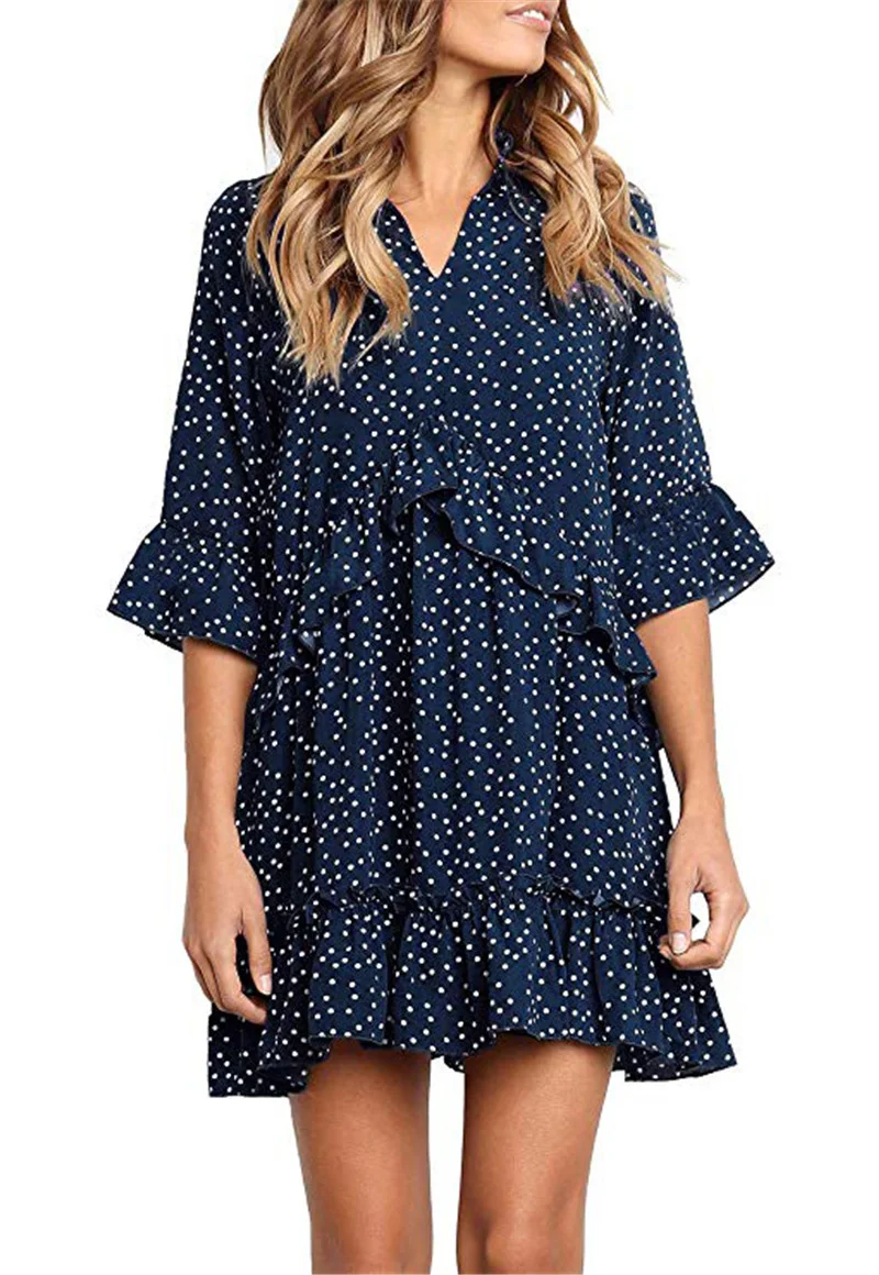 
2021 New summer hot sale dot joint mid sleeve ruffle short Chiffon dresses women fashion 