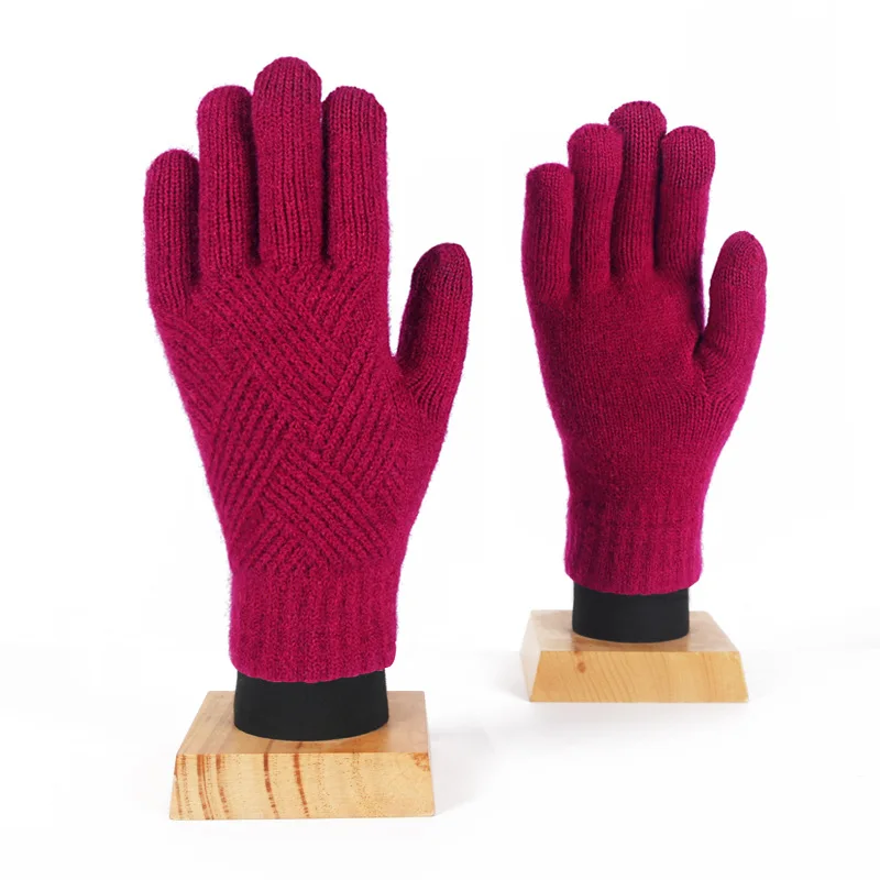 Custom logo acrylic warm winter knitted mittens jacquard touch screen gloves