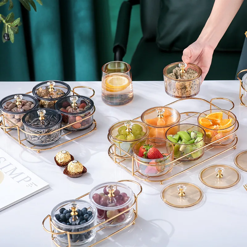 Creative Dried Fruit Plates Glass Serving Dishes Snack Dessert Candy Dish With Lid Metal Tray