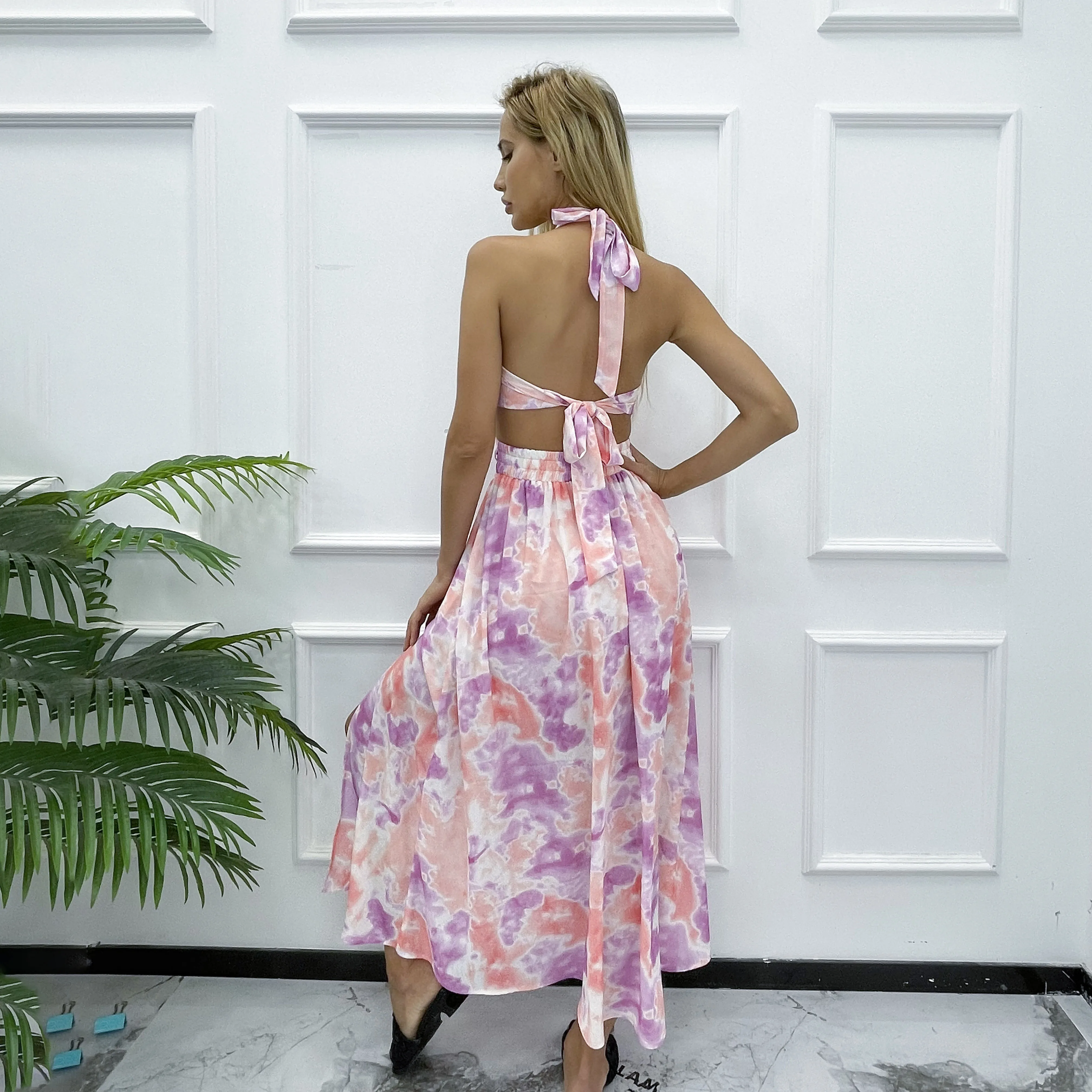 custom straps backless hollow out Halter print slit summer vacation casual midi dresses women