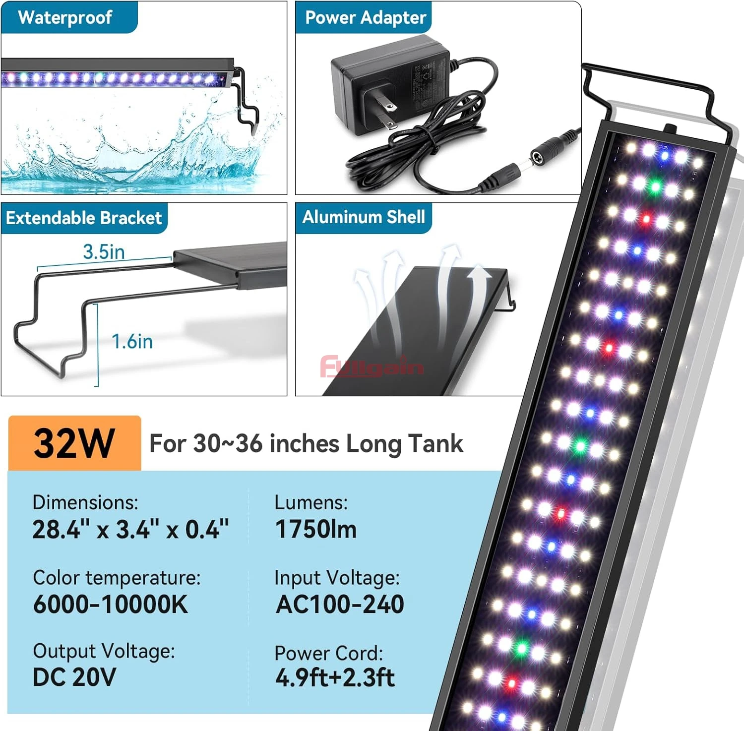 Fullgain FG186 Full Spectrum Smart Plant Fish Tank Light with 24/7 Day-Night Cycle Mode & Auto On/Off Timer Aquarium LED Light