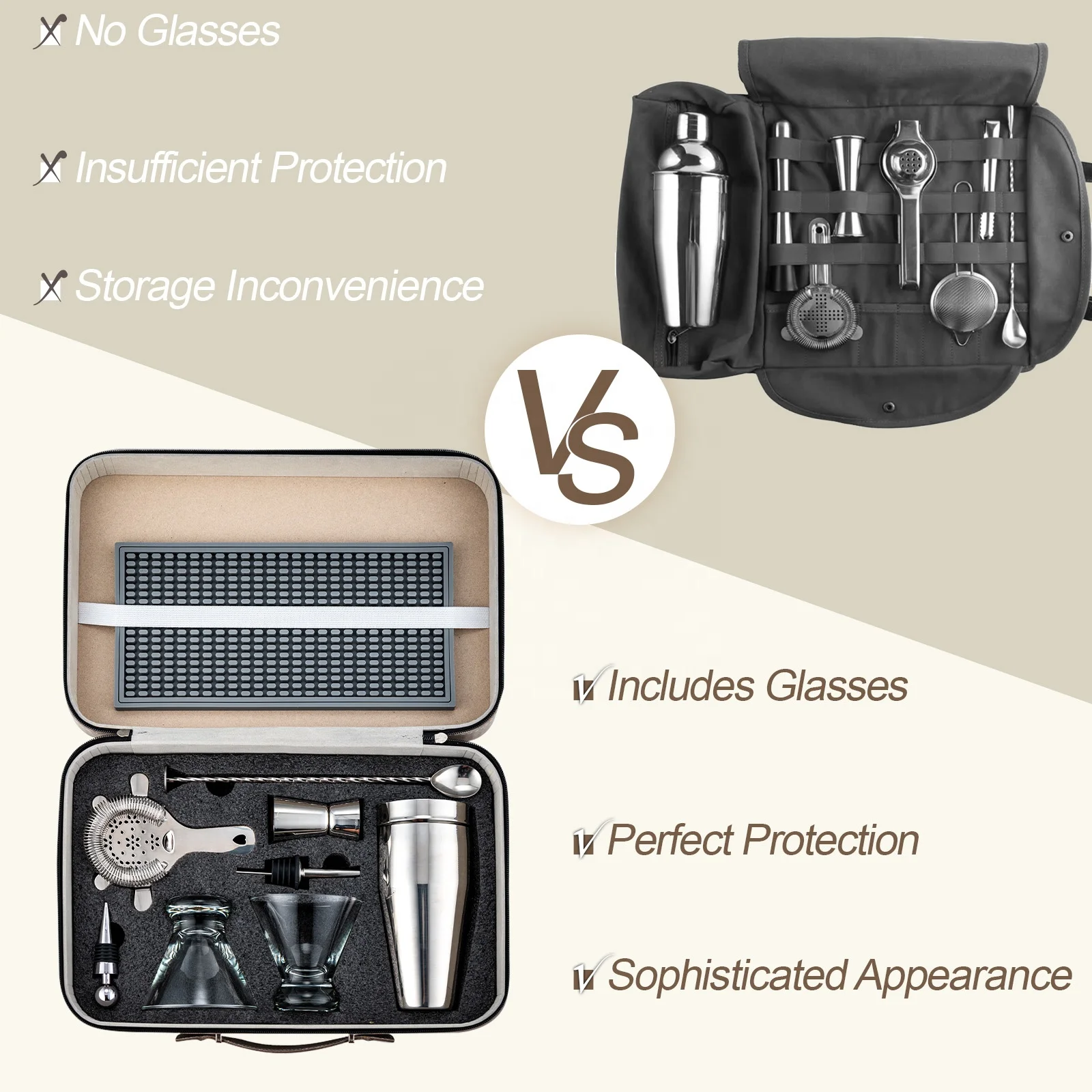 Professional Bartender Travel Cocktail Set Barware Stainless Steel Mixing Spoon Jigger Shaker Set With Suitcase Cups