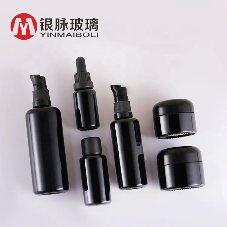 Empty Frosted Black Matte Glass  Bottle Sunscreen Tanning Oil Packaging Skincare Skin Care Cosmetic Bottle Jar Set