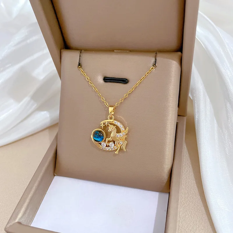 Trendy Luxury Gold Plated Stainless Steel Chain Horse Moon Planet Pendant Necklace for Women Girls Titanium Steel Jewelry