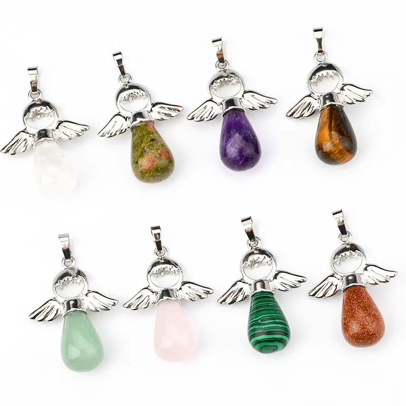 Natural Crystal Stone Pendant Necklace Cute Angel Shaped Crystal Stone Pendant Green Aventurine Necklace Pendant