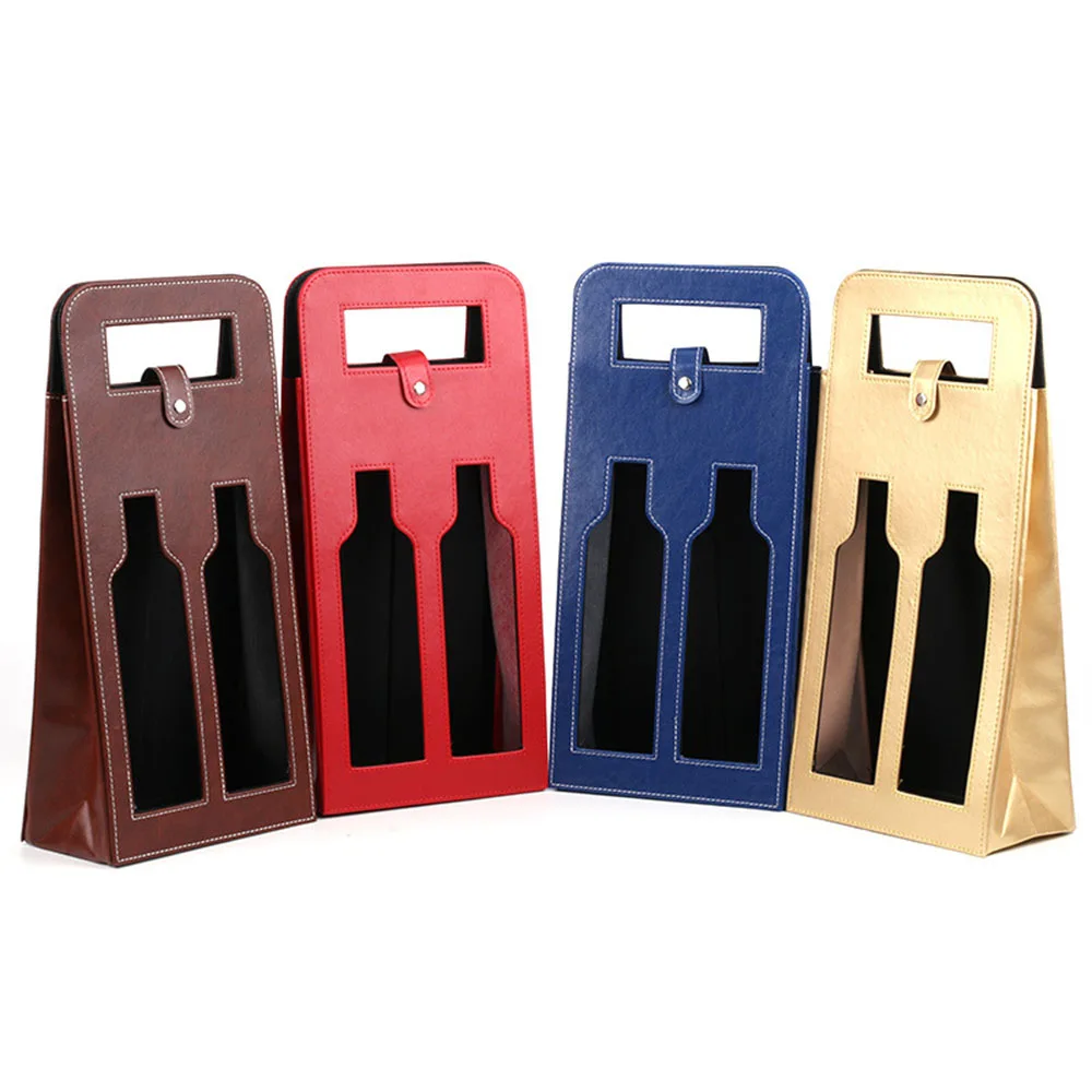 Custom Luxury Single Double PU Leather Wine Bottle Gift Packaging Bag With Metal Button Closure