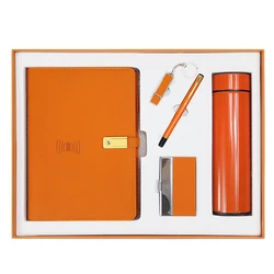 Wholesale orange gift sets 5 in 1  orange color Thermos cup gifts set Notebook USB Pen Drive Name Card Case Corporate Gift Set