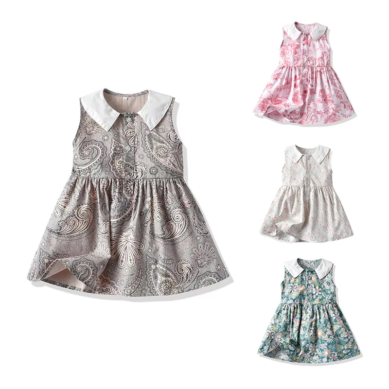 Green Horizon Girls casual Floral Dress Summer Sweet and Cute Sleeveless Dress Cotton lapel for 1-8years Dress For Kids