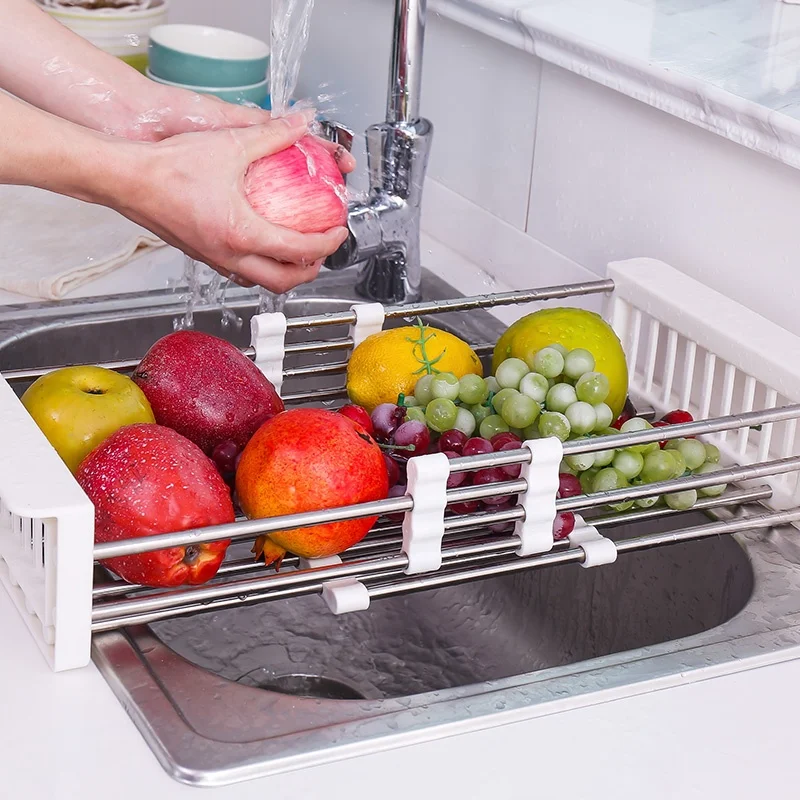 304 Stainless Steel Width Extendable Dish Bowl Storage Rack Over Sink Vegetable Wash Basket Rack Dish Drainer for Kitchen