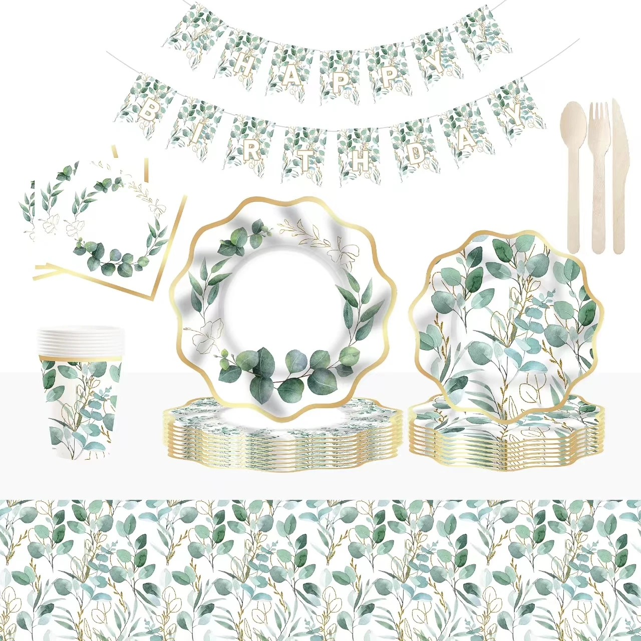 DAMAI Sage Greenery Tableware Set Birthday Dinnerware Disposable Plates Green Gold Foil Eucalyptus Leaf Party Plates Napkins