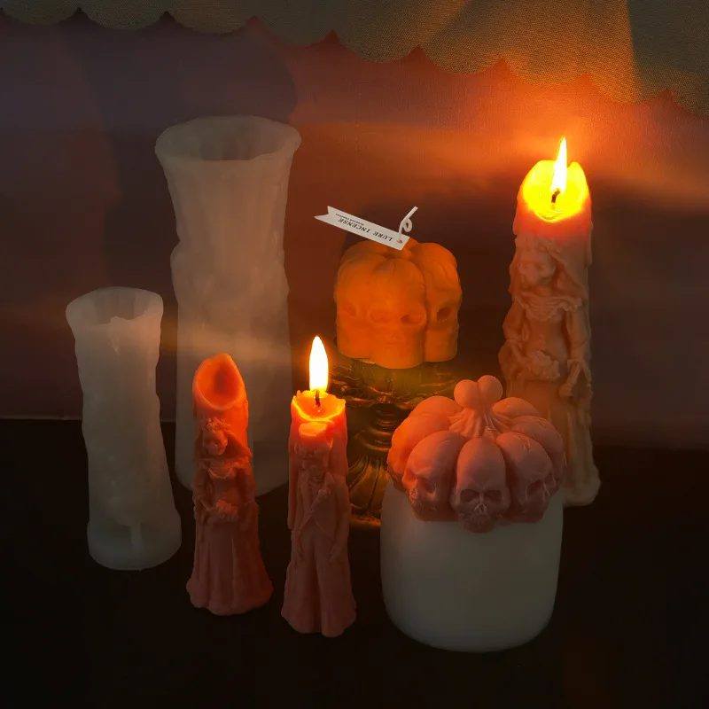 HY 3D Skull Candle Mold Halloween Column Silicone Resin Mold for Plaster Candle Soap Wax Making