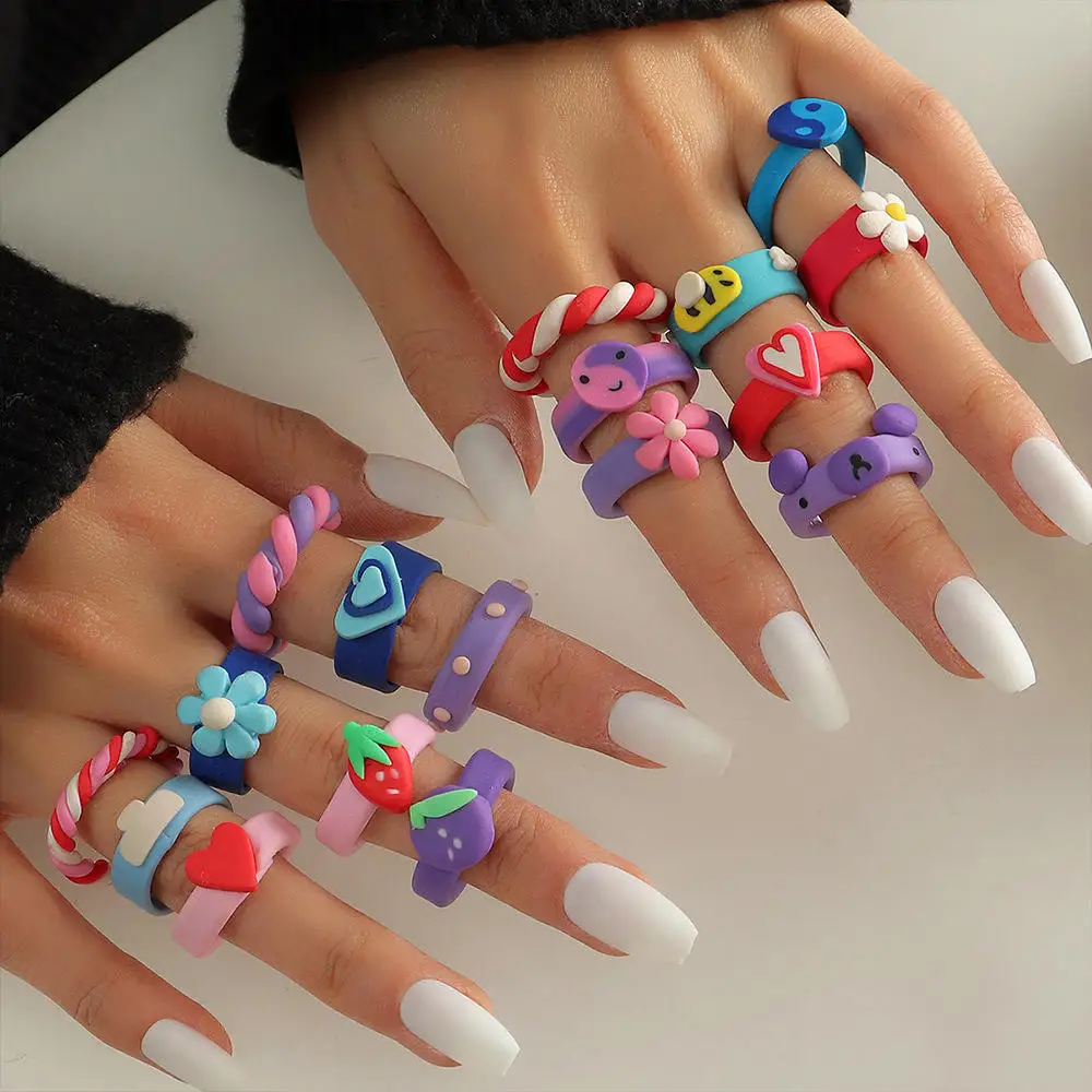 Summer Cute Animal Flower Jewelry Colorful Acrylic Polymer Clay Rings