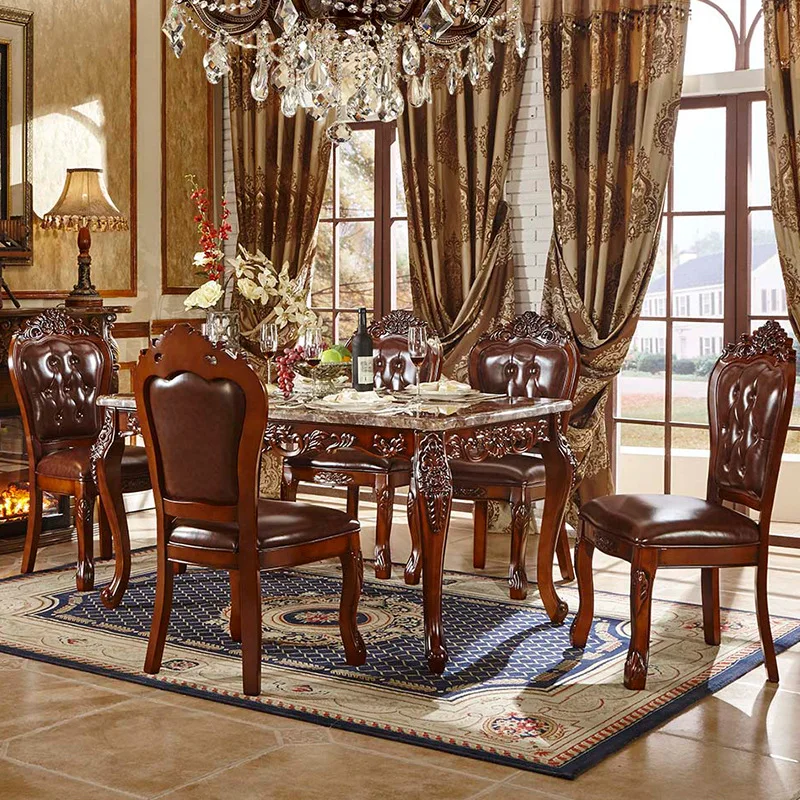 European Royal Marble Dining Table Chair Set Combination Dining Table Solid Wood Carving Rectangular Retro Dining Room Set