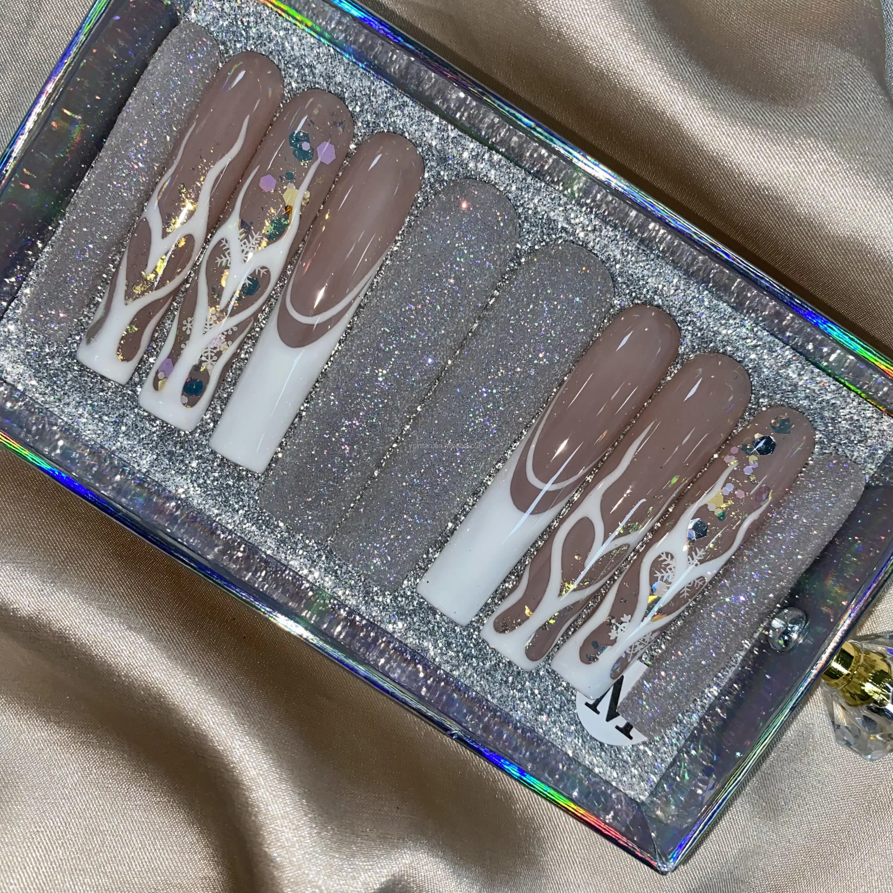 Luxury Bling Pink High Quality Bulk False 3d Acrylic Design Wholesale Custom Press On Nails With Rhinestones And Box