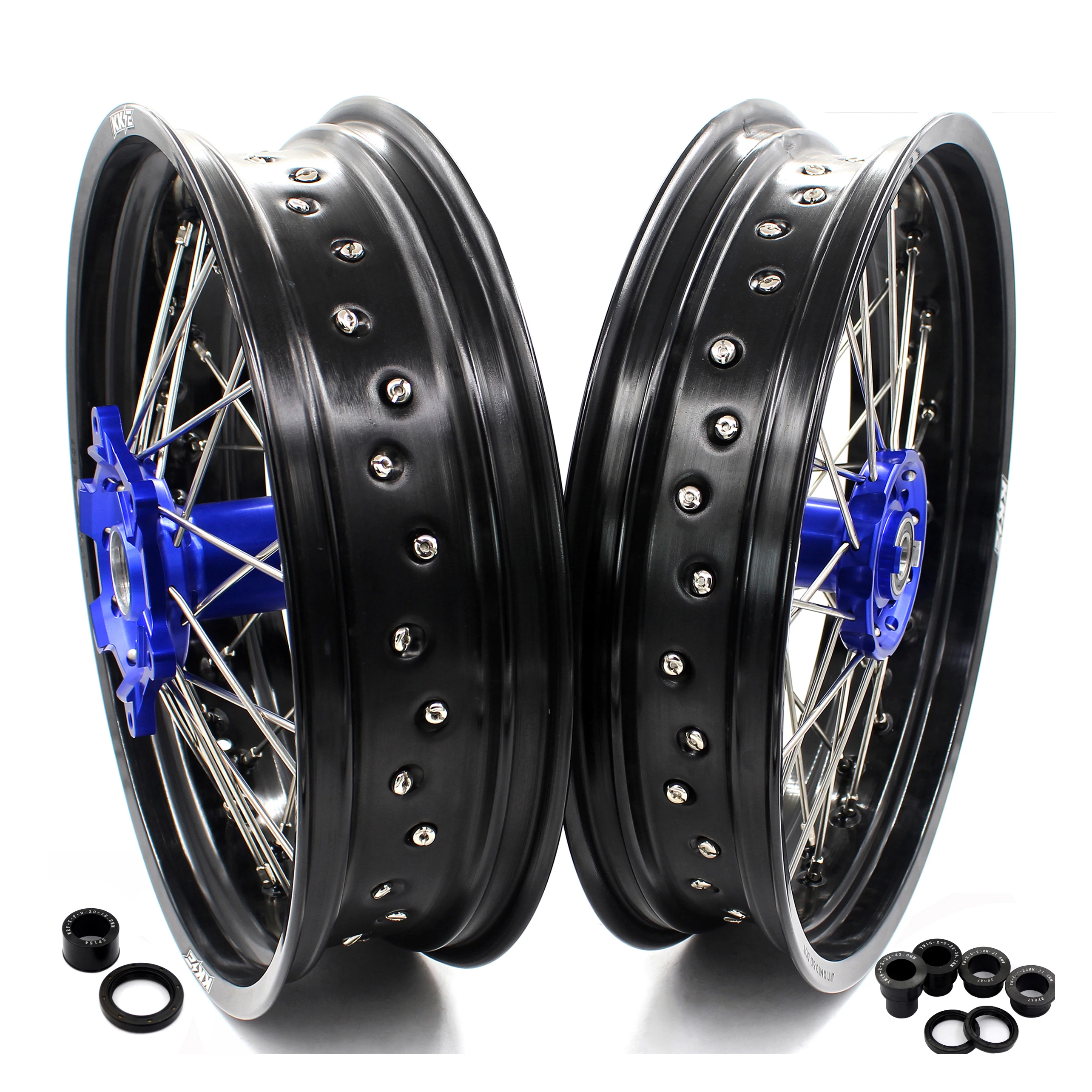 KKE 3.5/4.25 Supermoto Wheels Set for YAMAHA WR250F 2001-2019 WR450F 2003-2018 Blue Hubs Black Rims