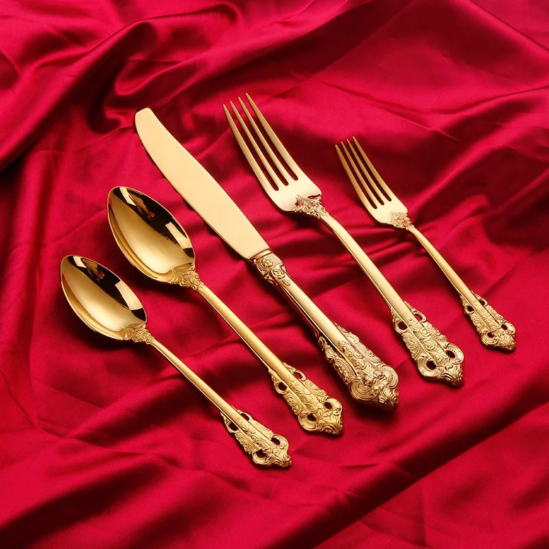 18/10 stainless steel cutlery set golden luxury elegant flatware spoons forks and knives for events