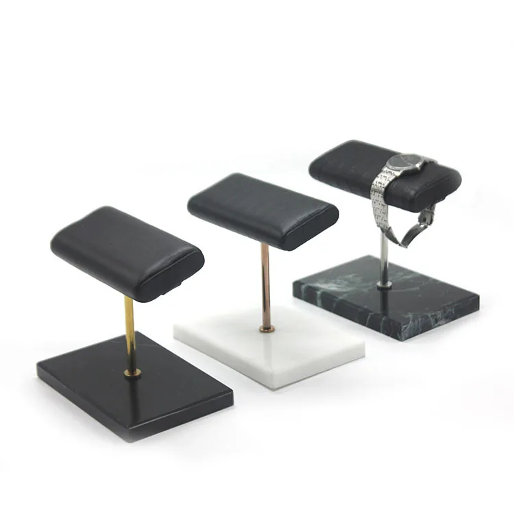 Luxury Marble Base Genuine Leather Pillow Counter Top Watch Exhibiting Stand With Hot Stamping Logo