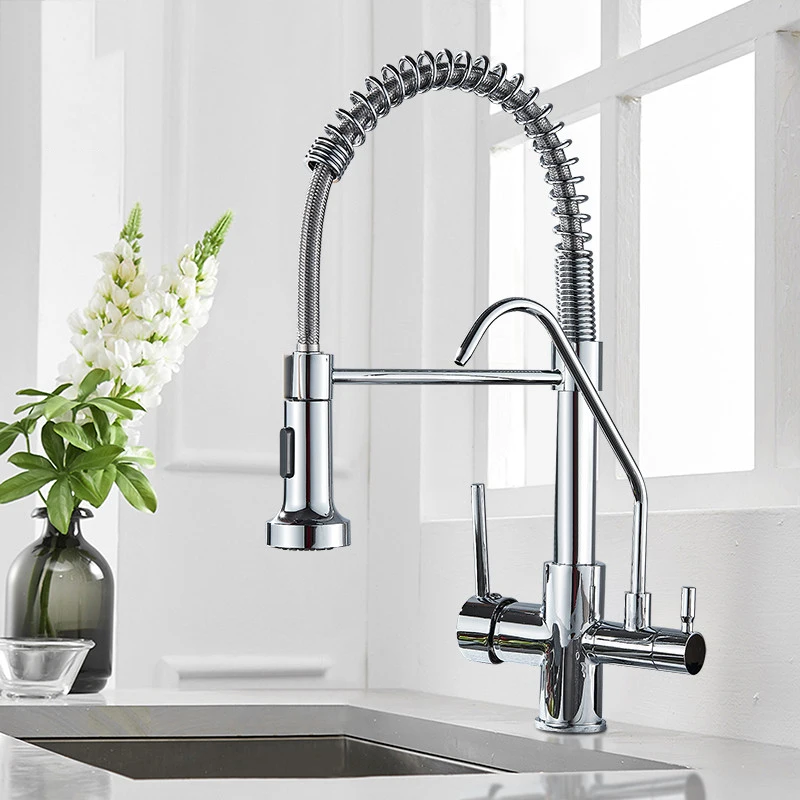 Chrome Filter Kitchen Faucet Dual Handle Purified Hot Cold Sink Tap 360 Rotation 2 Spouts Spring Faucet pure water Taps Crane