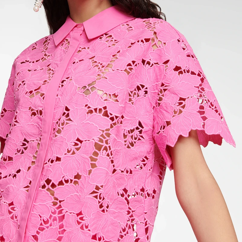 neon pink color brights femme woven floral lace blouses elegant women