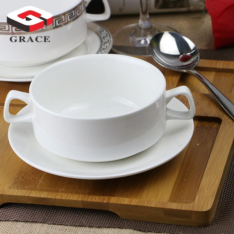 Wholesale double ear ceramic soup bowl set Restaurant supplies porcelain tabalware rice soup bowls for sale
